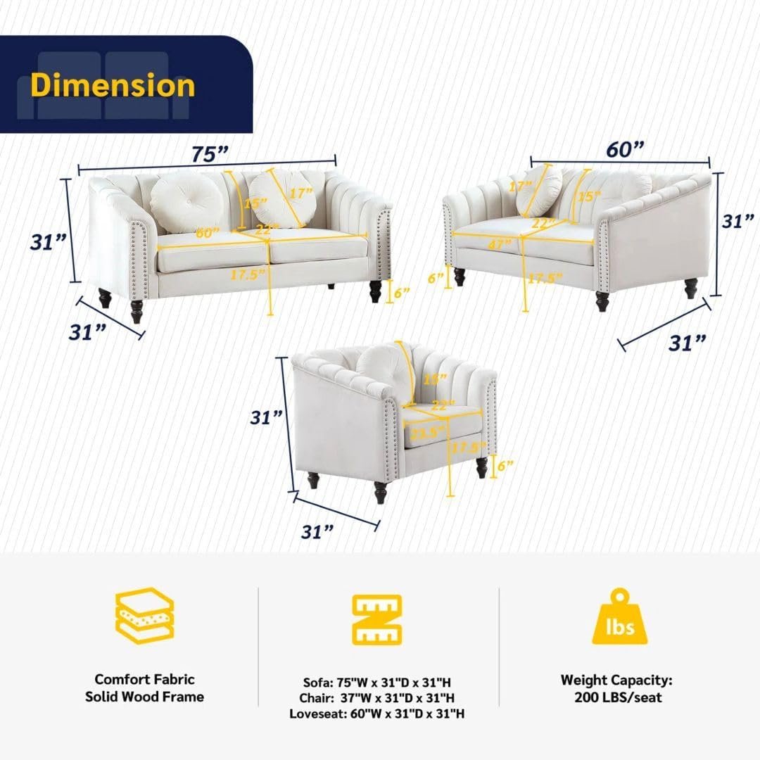 Comfynest 3-Piece Velvet Living Room Set with Tufted Backrest, Solid Wood Frame – Sofa, Armchair, loveseat (Ivory) - Image 2