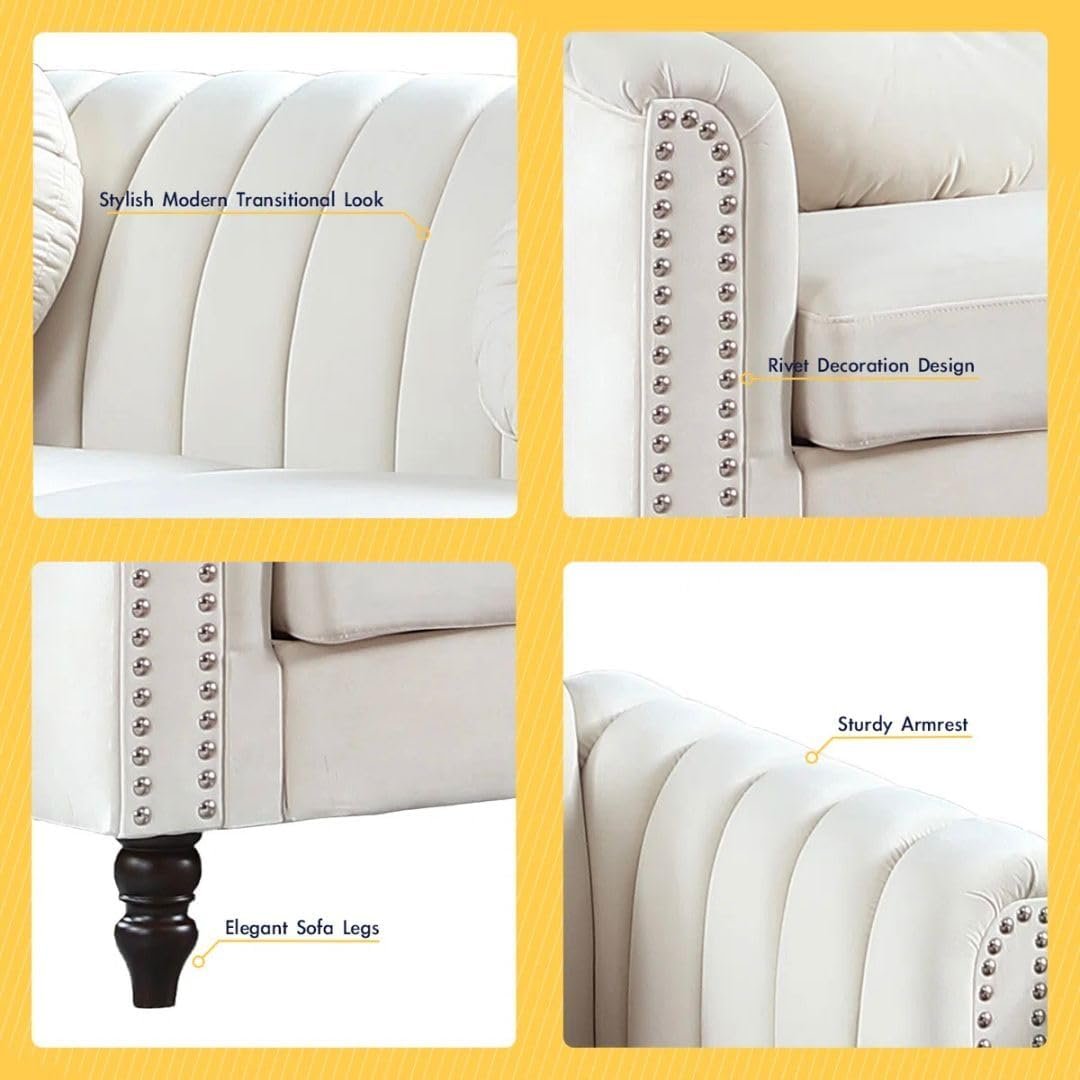 Comfynest 3-Piece Velvet Living Room Set with Tufted Backrest, Solid Wood Frame – Sofa, Armchair, loveseat (Ivory) - Image 3