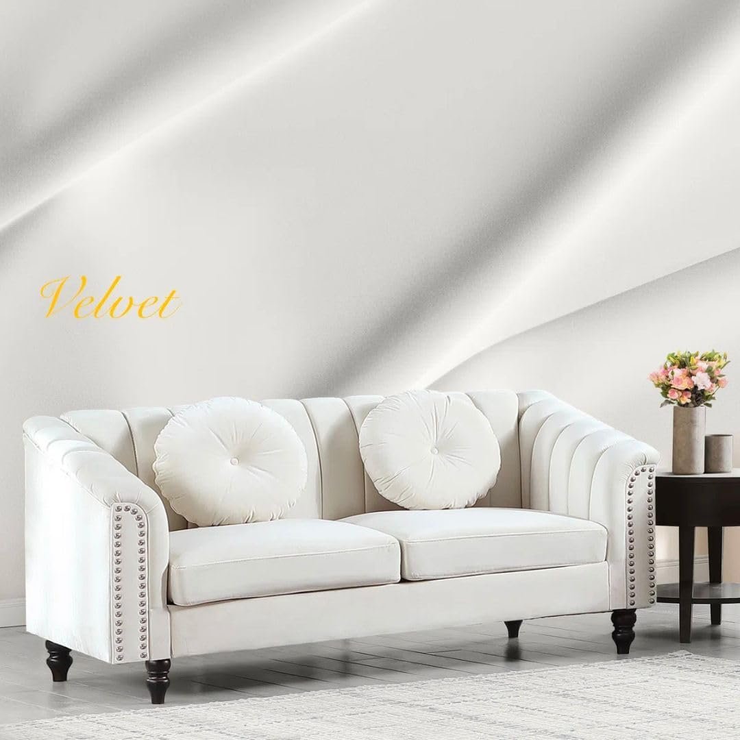 Comfynest 3-Piece Velvet Living Room Set with Tufted Backrest, Solid Wood Frame – Sofa, Armchair, loveseat (Ivory) - Image 4