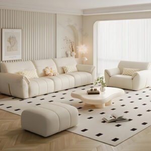 Comfynest Modern Off-White Genuine Leather Sofa with Pillow Top Arm and Cushion Back, 104.14x106.68x86.36 cm