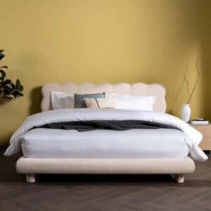 Comfynest Elegant Queen Bed with Tufted Headboard - Fits 160x200cm Mattress, Sophisticated Design, Beige, Foam & Fabric, Assembly Provided