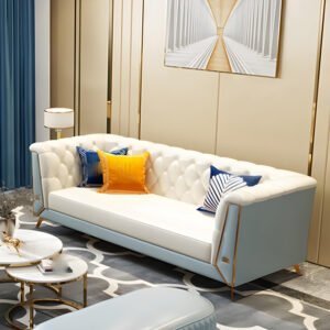 Comfynest Glam Pillow Top Arm Chesterfield Sofa Tufted Split-Back Sofa With Hair Pin Legs 175 X 78 X 85 Cm White-Blue FOS-COM-10388