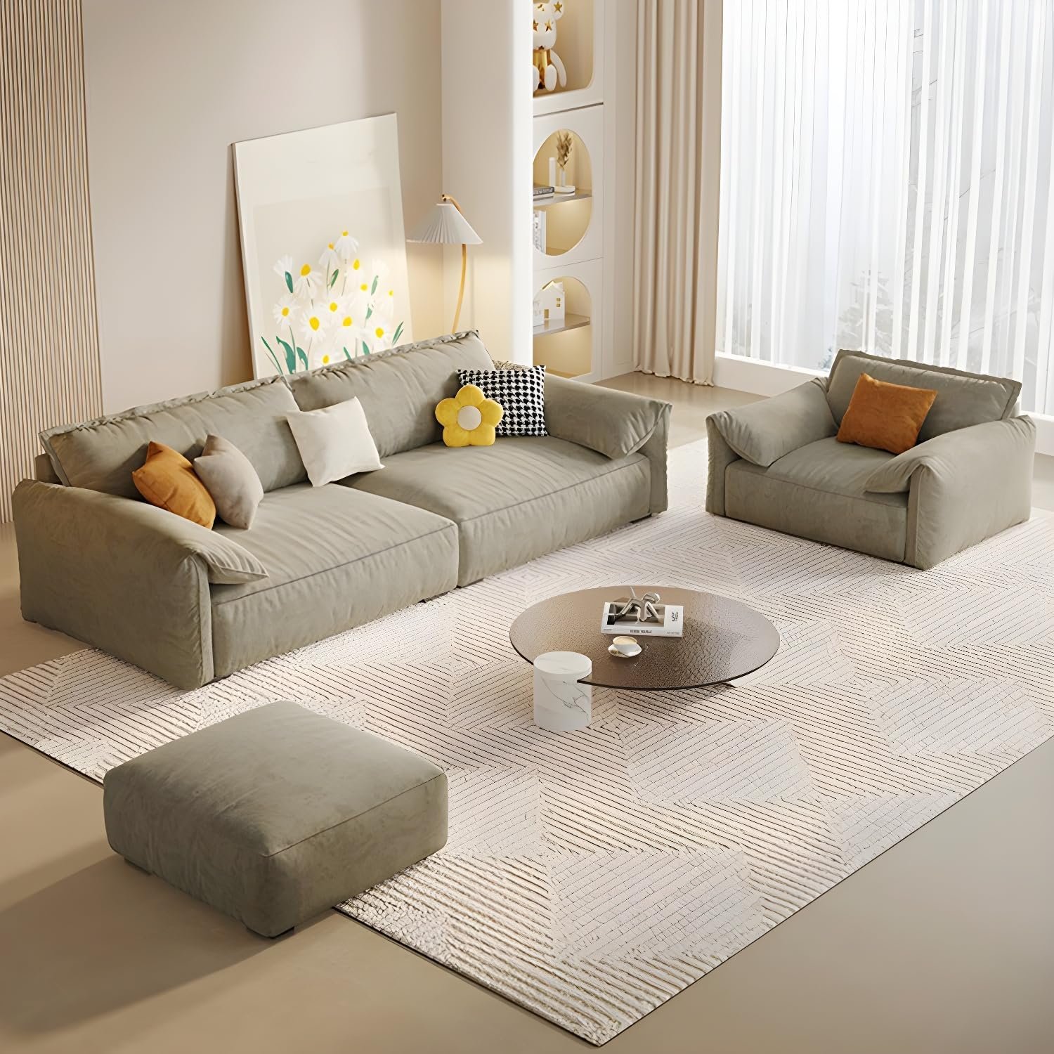 Comfynest Modern Brown Anti Cat Scratch Fabric Sofa With Pillow Top Arm And Stain Resistant Feature Sponge Seat Filling, 309.88 X 99.06 X 78.74 Cm + 83.82 X 83.82 X 45.72 Cm Brown - Image 2