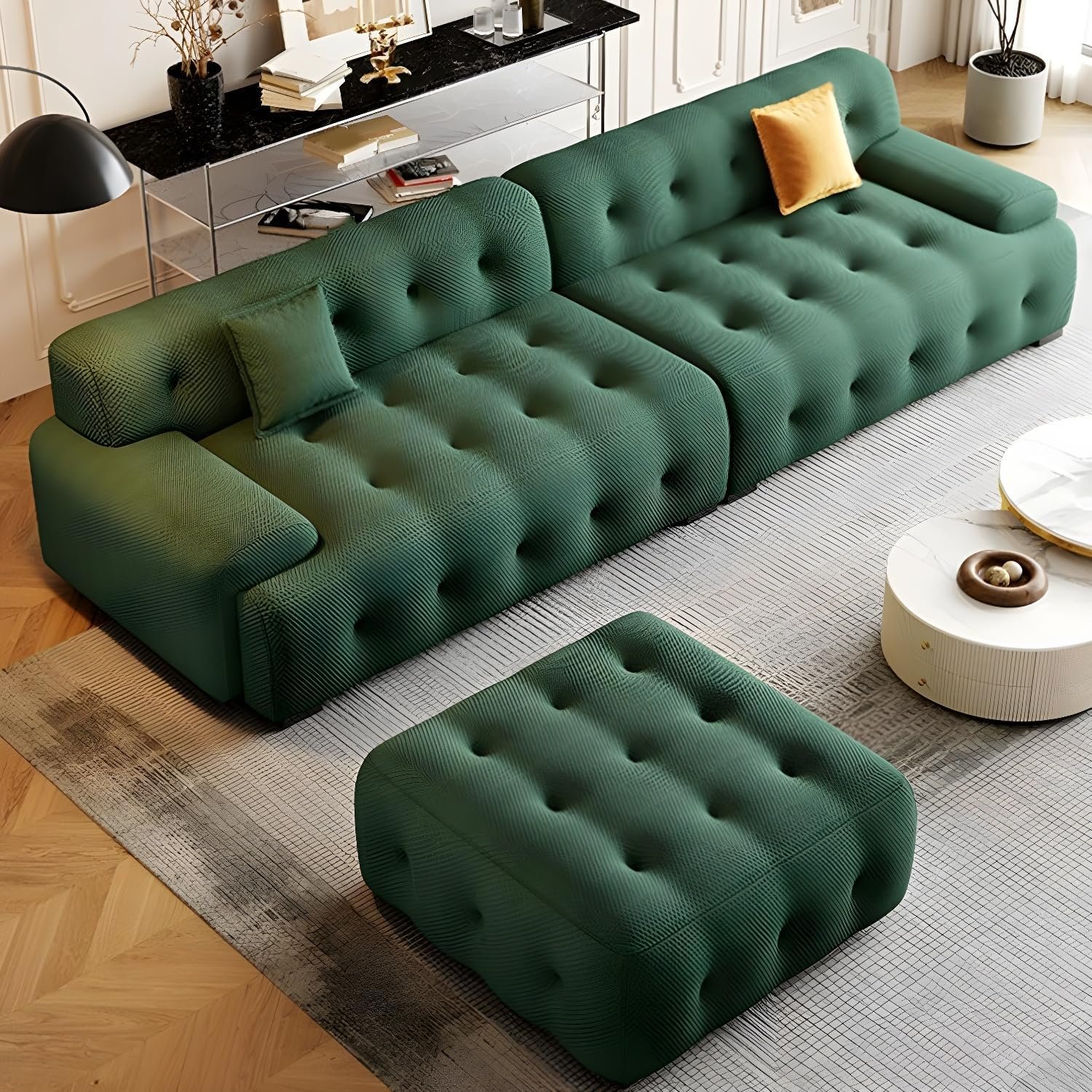 Comfynest Modern Green Pine Wood Sofa Fra_Am Material With Tight Back & Black Legs Latex Seat Filling, 279.4 X 93.98 X 71.12 Cm + 78.74 X 88.9 X 40.64 Cm Green