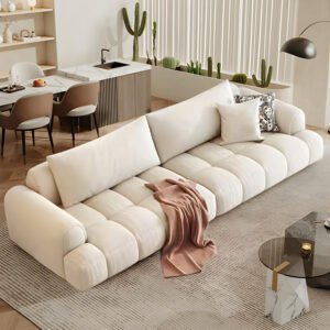 Comfynest Black Pine Wood Modern Sofa In Off-White Anti Cat Scratch Fabric Upholstery, Sponge Seat Filling-355.6X99.06X71.12CM