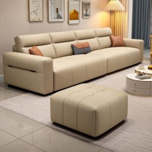 Comfynest Extra Long 4-Seater Wooden Sofa With Durable Anti-Scratch Fabric & Included Ottoman 299.72 X 93.98 X 91.44 Cm + 71.12 X 71.12 X 40.64 Cm Light Khaki 1PN