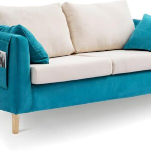Comfynest Loose Back Square Arm Sofa 2-Seater Fabric Cushions Loveseat With Storage 121.92 X 64.9986 X 55.88 Cm Beige/Blue 1PN