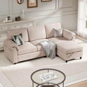 Comfynest Linen L-Shape Upholstered Sofa with Ottoman – Space-Saving Sectional with Hidden Storage & Feather-Blend Cushions (Beige)