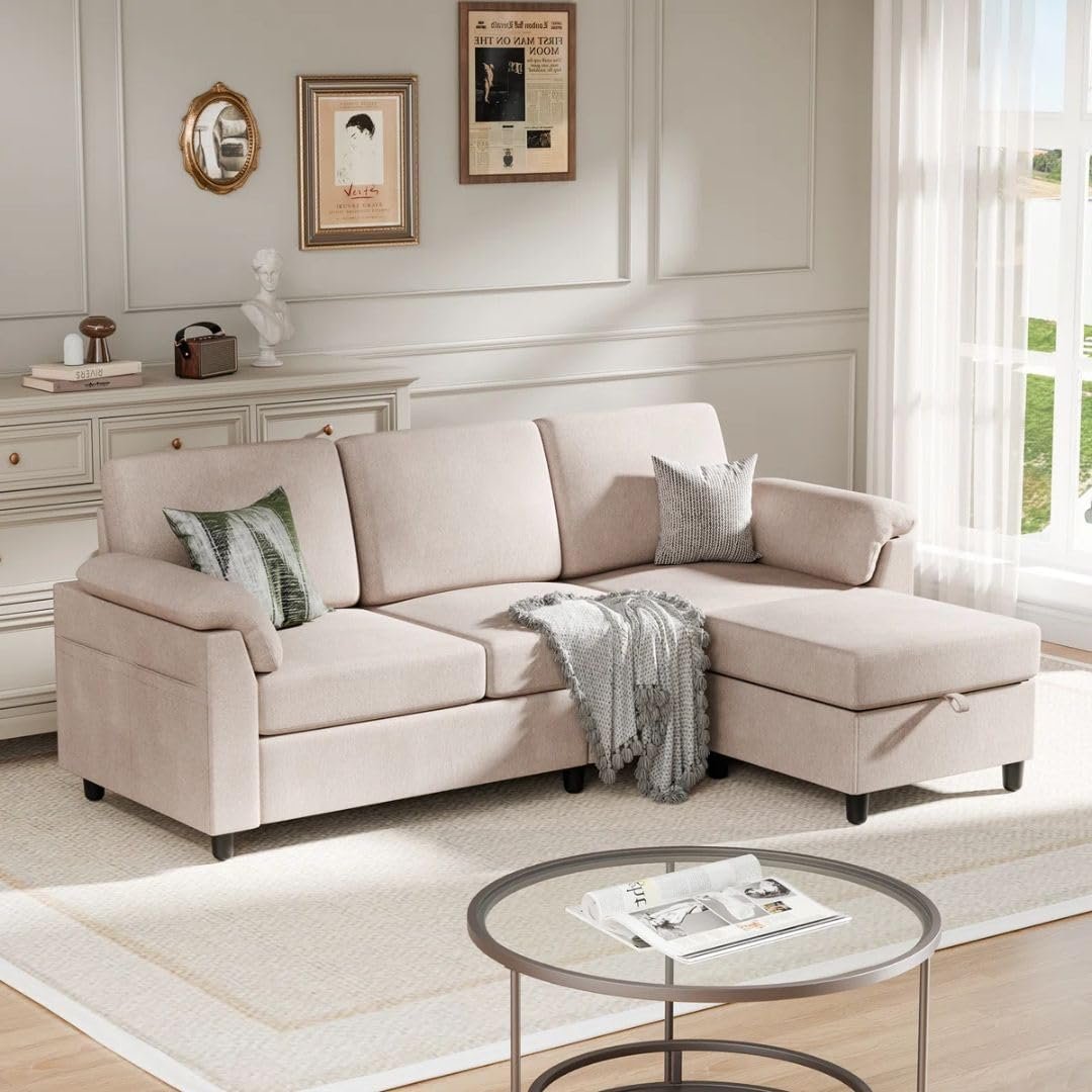 Comfynest Linen L-Shape Upholstered Sofa with Ottoman – Space-Saving Sectional with Hidden Storage & Feather-Blend Cushions (Beige) - Image 2