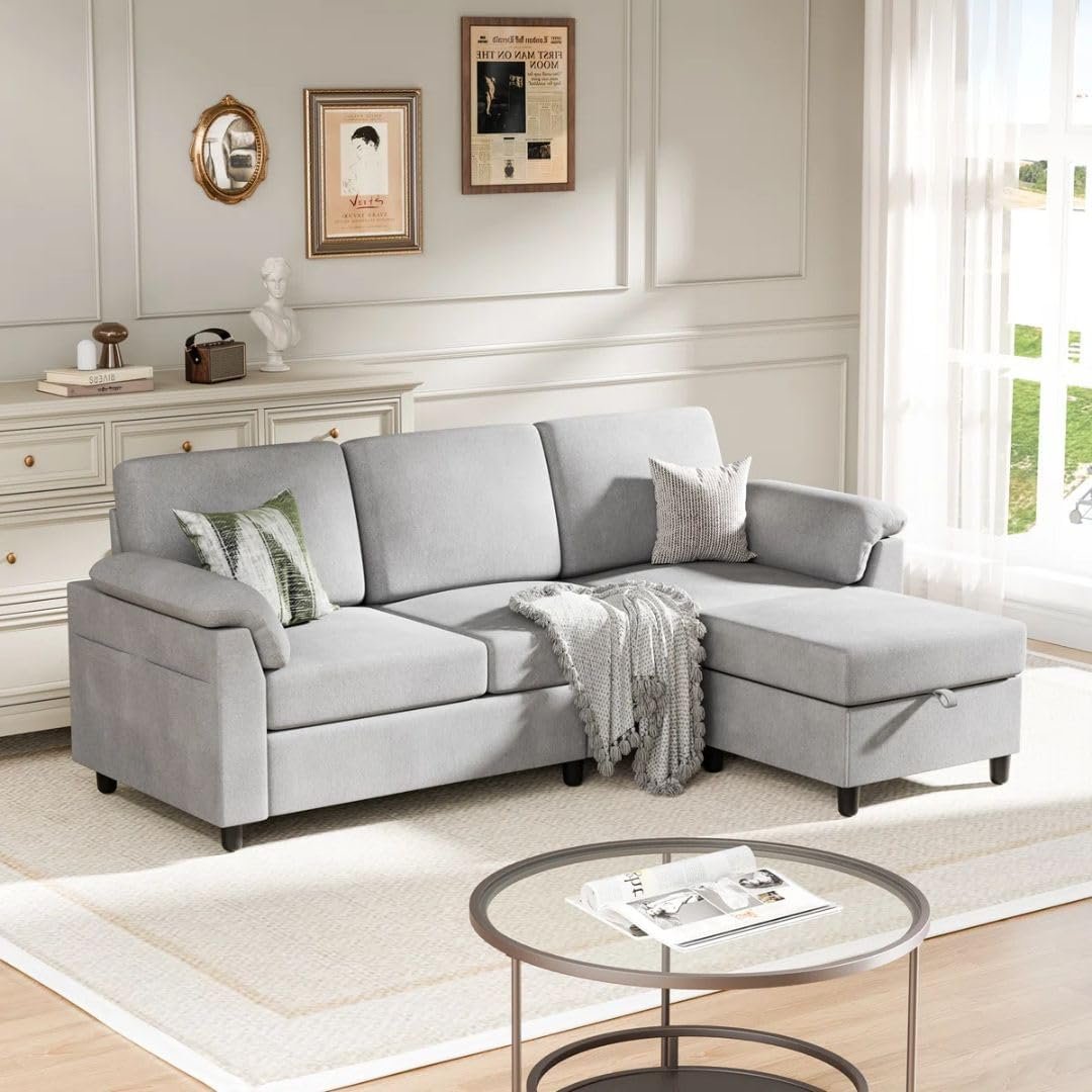 Comfynest Linen L-Shape Upholstered Sofa with Ottoman – Space-Saving Sectional with Hidden Storage & Feather-Blend Cushions (Beige) - Image 7