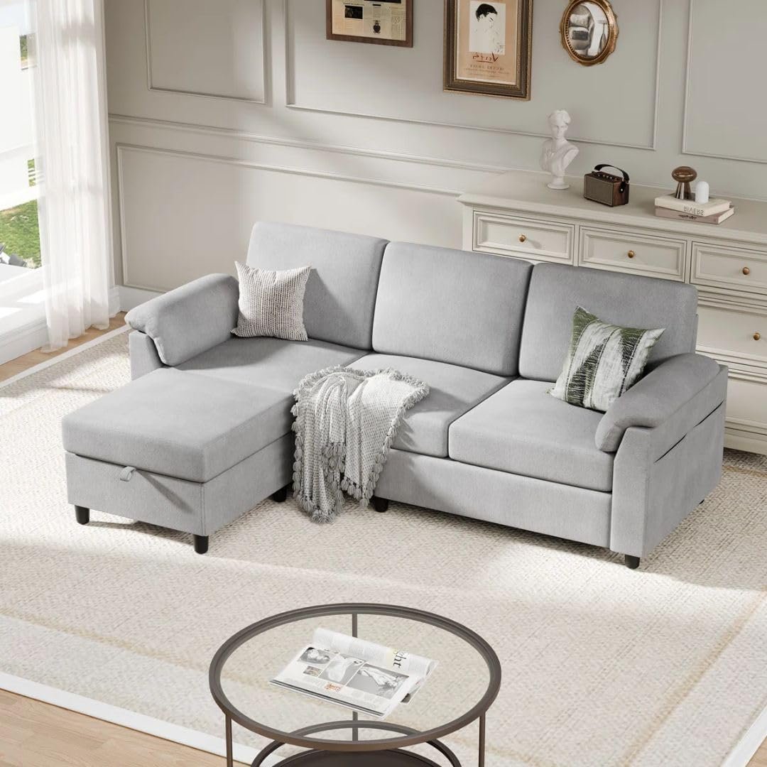 Comfynest Linen L-Shape Upholstered Sofa with Ottoman – Space-Saving Sectional with Hidden Storage & Feather-Blend Cushions (Beige) - Image 8