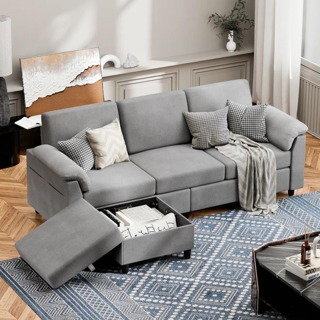 Comfynest Linen L-Shape Upholstered Sofa with Ottoman – Space-Saving Sectional with Hidden Storage & Feather-Blend Cushions (Beige) - Image 11