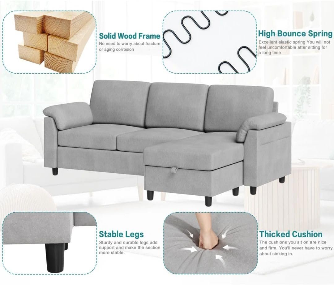 Comfynest Linen L-Shape Upholstered Sofa with Ottoman – Space-Saving Sectional with Hidden Storage & Feather-Blend Cushions (Beige) - Image 12