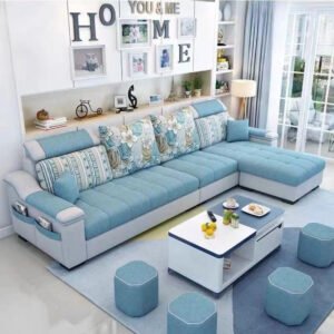 Comfynest Large Fabric Corner Sofa – Modern Minimalist Sectional Couch, Customizable Size & Color, Modular Combination Sofa for Living Room (Sky Blue, Four Seater)