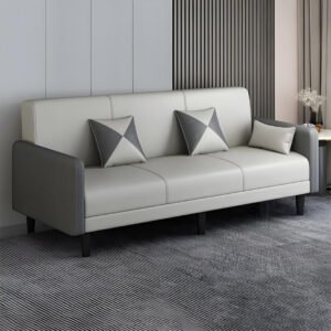 Comfynest Contemporary Square Arm Convertible Sofa, 3-Seater with Extra Pillows, Solid Tech Cloth Upholstery, Beige/Light Gray, Tight Back Design