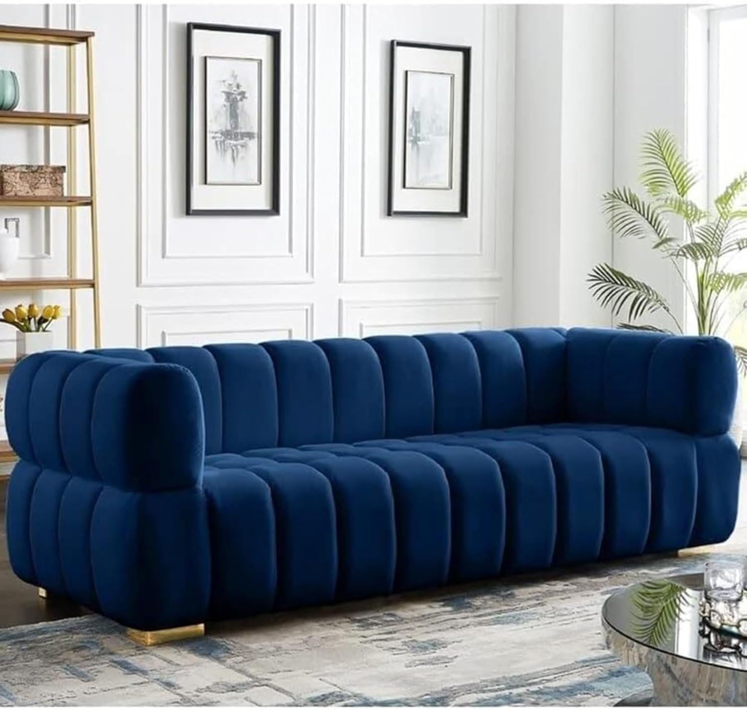 Zah Furniture Three Seater Sofa Velvet Arm Modern Couch for Living Rooms, Guest Rooms & Hotels (Blue)