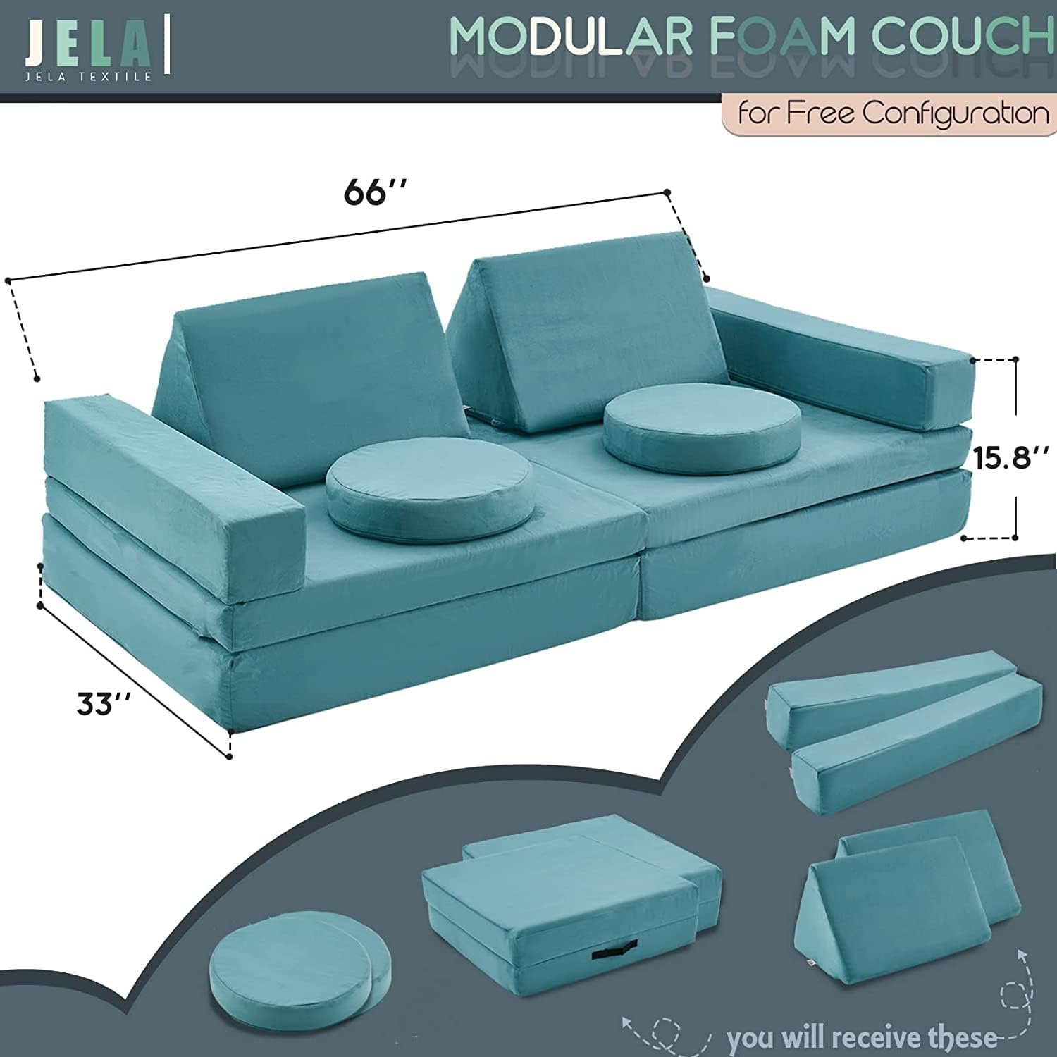 jela Kids Play Couch Extended Size 10PCS with futons, Floor Sofa Modular Play Couch Furniture for Kids and Adults, Modular Play Sofa Castle (Light Blue) - Image 2