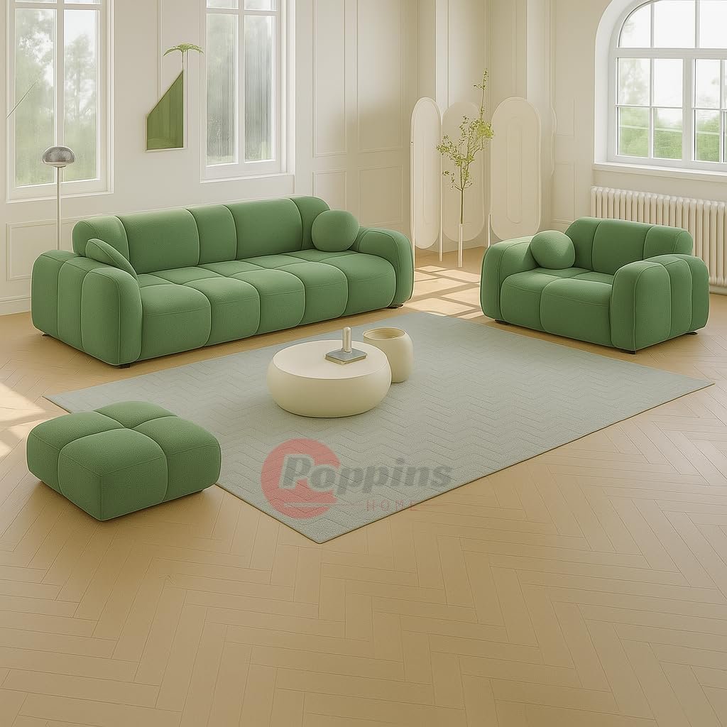 Poppins HOME Modern Cloud-Inspired Modular Sofa Set – 4-Piece European Style Bubble Couch for Living Room, Office, or Lounge – Minimalist Cream White Fabric Sofa (Cyan Green, Ottoman)