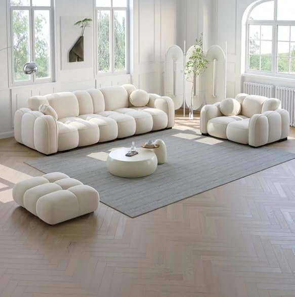 Poppins HOME Modern Cloud-Inspired Modular Sofa Set – 4-Piece European Style Bubble Couch for Living Room, Office, or Lounge – Minimalist Cream White Fabric Sofa (Cyan Green, Ottoman) - Image 37