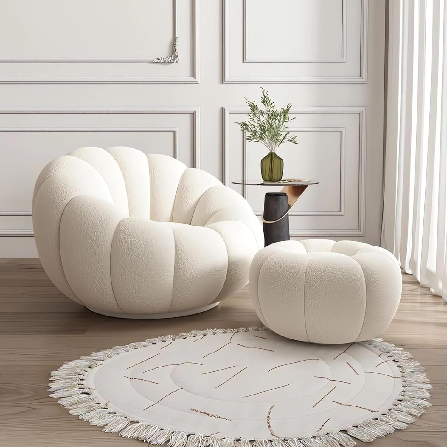 Poppins HOME Single Sofa Set Sheep Velvet Round Pumpkin Chair with Footstool Modern Reclining & Sleeping Leisure Chair - Modern Living Room Furniture (White, Single Seater with Footstool)