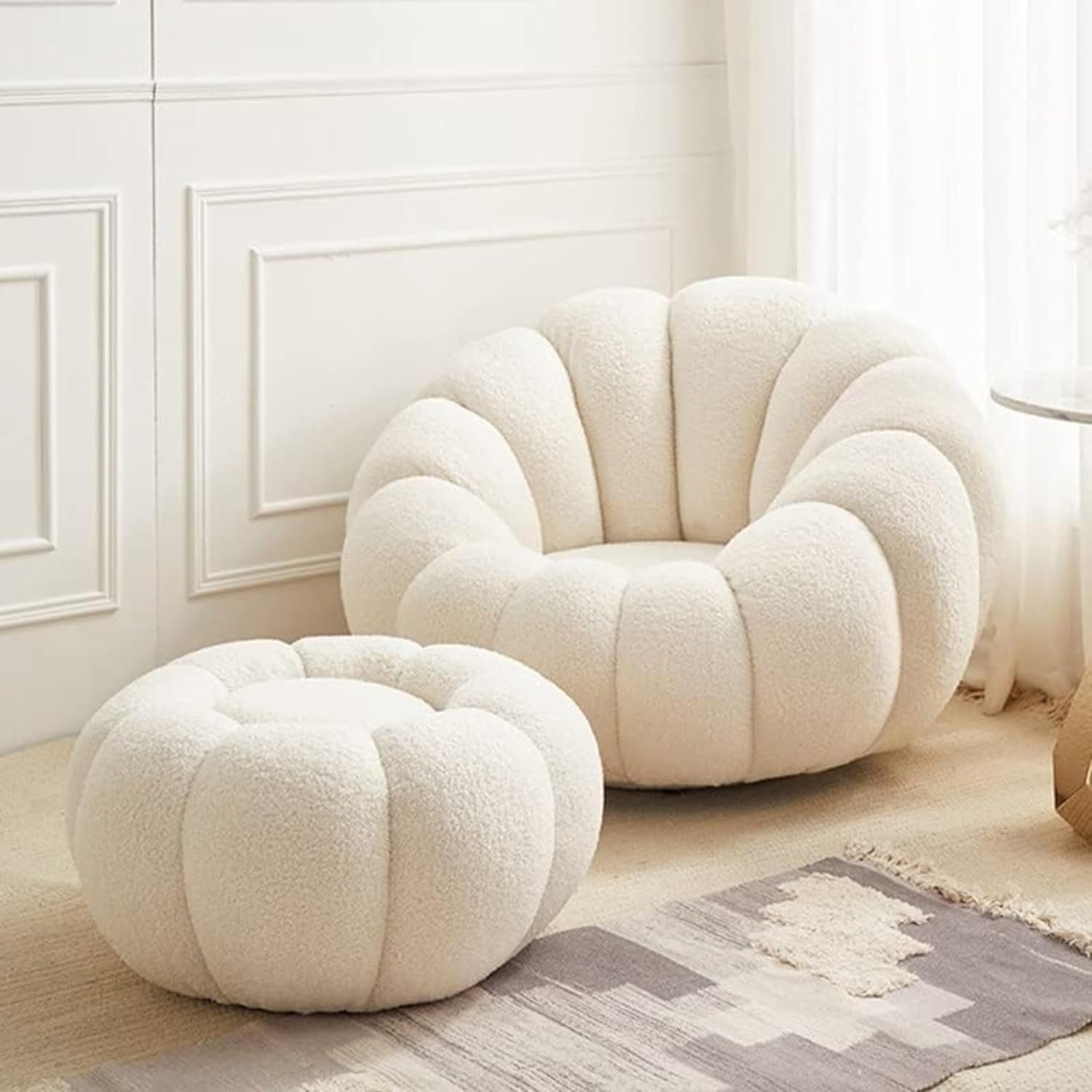 Poppins HOME Single Sofa Set Sheep Velvet Round Pumpkin Chair with Footstool Modern Reclining & Sleeping Leisure Chair - Modern Living Room Furniture (White, Single Seater with Footstool) - Image 2