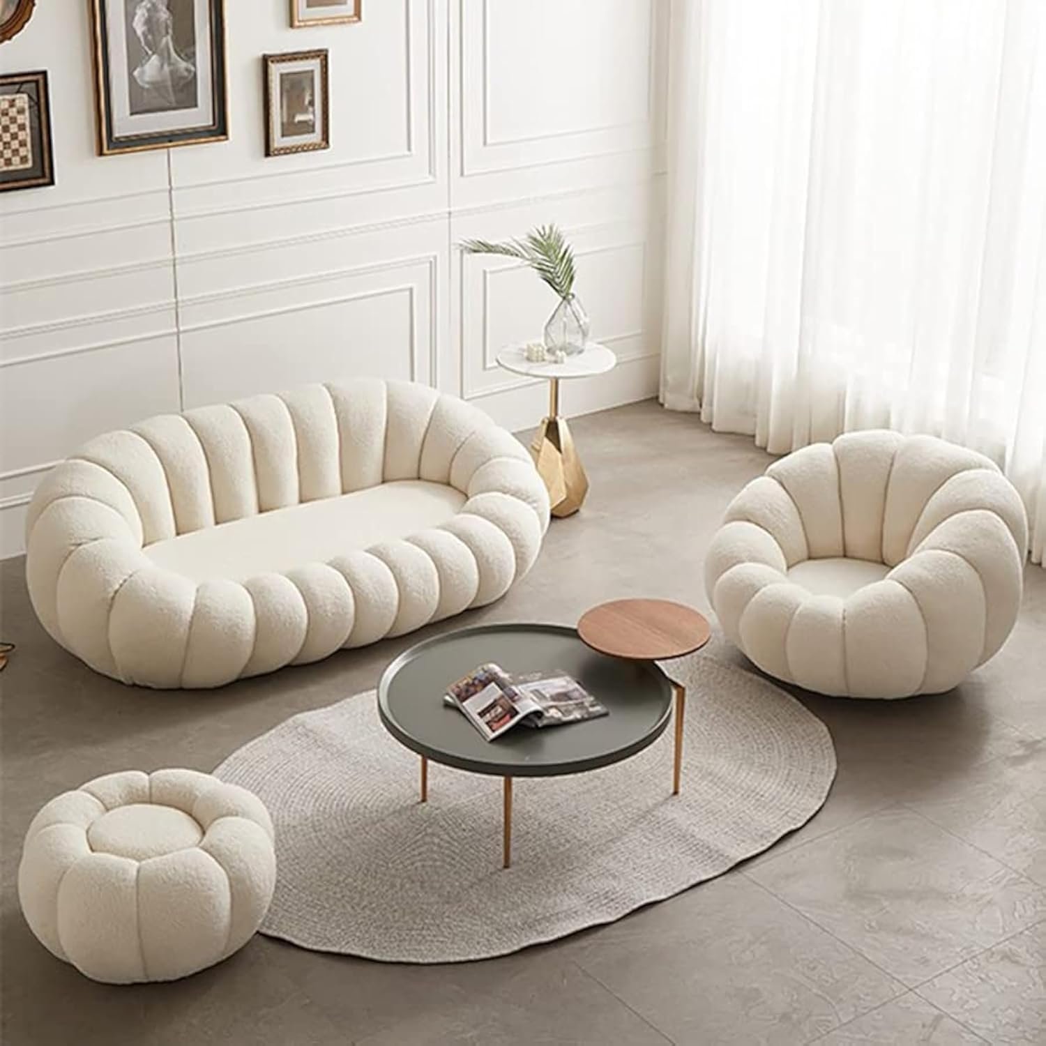 Poppins HOME Single Sofa Set Sheep Velvet Round Pumpkin Chair with Footstool Modern Reclining & Sleeping Leisure Chair - Modern Living Room Furniture (White, Single Seater with Footstool) - Image 5