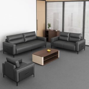 Poppins HOME Modern Office Leather Sofa Set – 3+2+1 Seater | Minimalist PU Leather Couch | Elegant Seating for Living Room, Lounge, or Reception Area (Grey, 3+2+1 Seater)