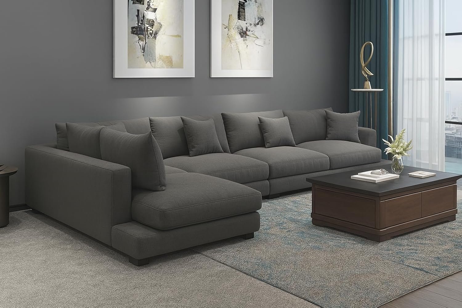 Poppins HOME Nordic Style Fabric Sofa Modern Living Room L-shape Sofa Technology Fabric Sofa home furniture set (Grey)