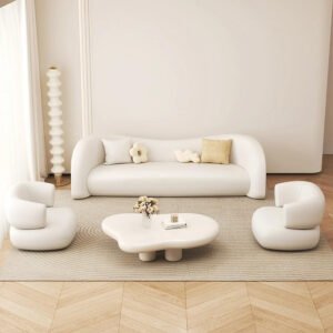 Poppins HOME Curved Sofa, Cream Colour, with Throw Pillows (3seater+1+1)
