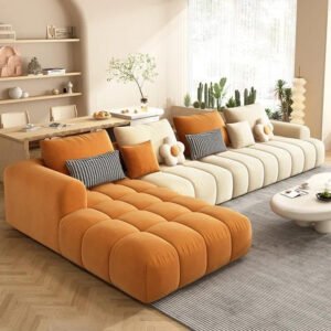 Poppins HOME Modular Sofa Set with Tufted Cushions. (BeigenOrange, LShape)