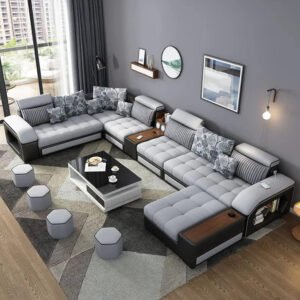 Poppins HOME Sofa set furniture new L shape modern simple furniture set design large sofa sectional combination sofa (Black + Light Grey)