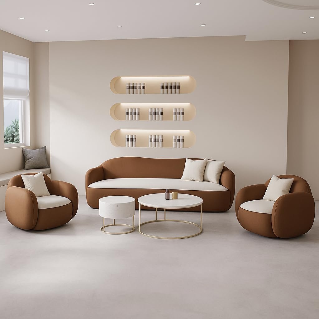 Poppins HOME Modern Minimalist Living Room Sofa Set – Luxury Curved 3-Seater Sofa with Plush Armchairs, Scandinavian Style for Lounge & Office (Brown & White, 3- Seater)