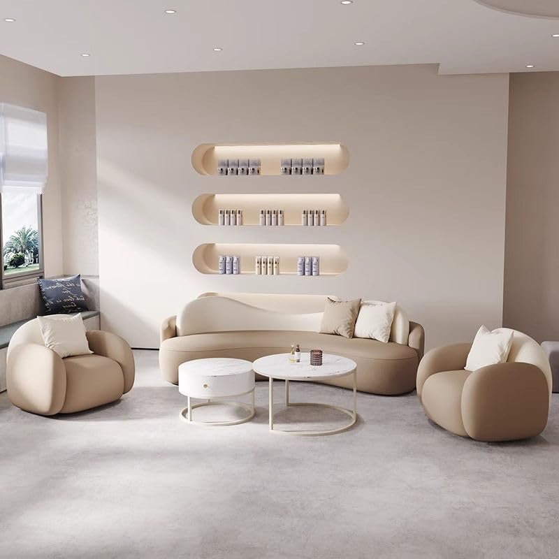 Poppins HOME Modern Minimalist Living Room Sofa Set – Luxury Curved 3-Seater Sofa with Plush Armchairs, Scandinavian Style for Lounge & Office (Brown & White, 3- Seater) - Image 12