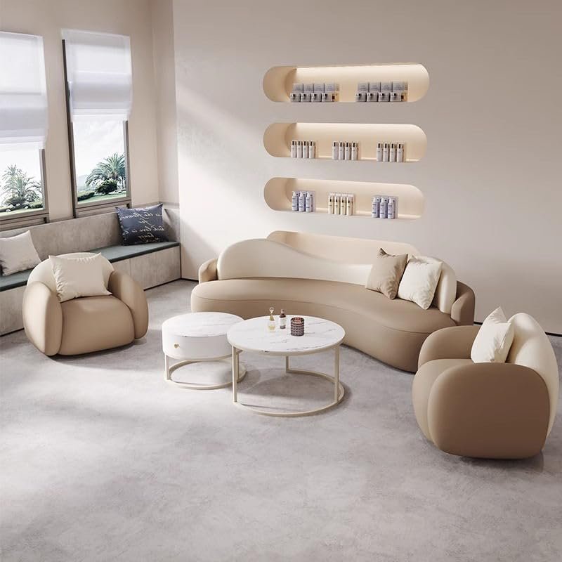 Poppins HOME Modern Minimalist Living Room Sofa Set – Luxury Curved 3-Seater Sofa with Plush Armchairs, Scandinavian Style for Lounge & Office (Brown & White, 3- Seater) - Image 14