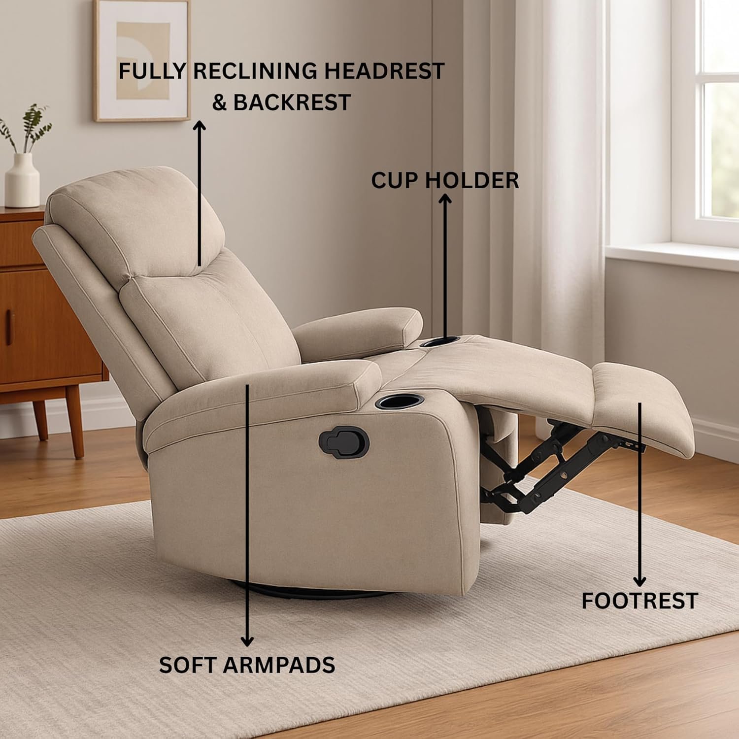 Multi Home Furniture Taupe Brown Recliner Chair with 360° Swivel Base – Fabric Single Sofa Chair for Living Room – Rocking Lazy Chair with Cup Holder – Ergonomic recliner sofa Armchair for Relaxation - Image 5