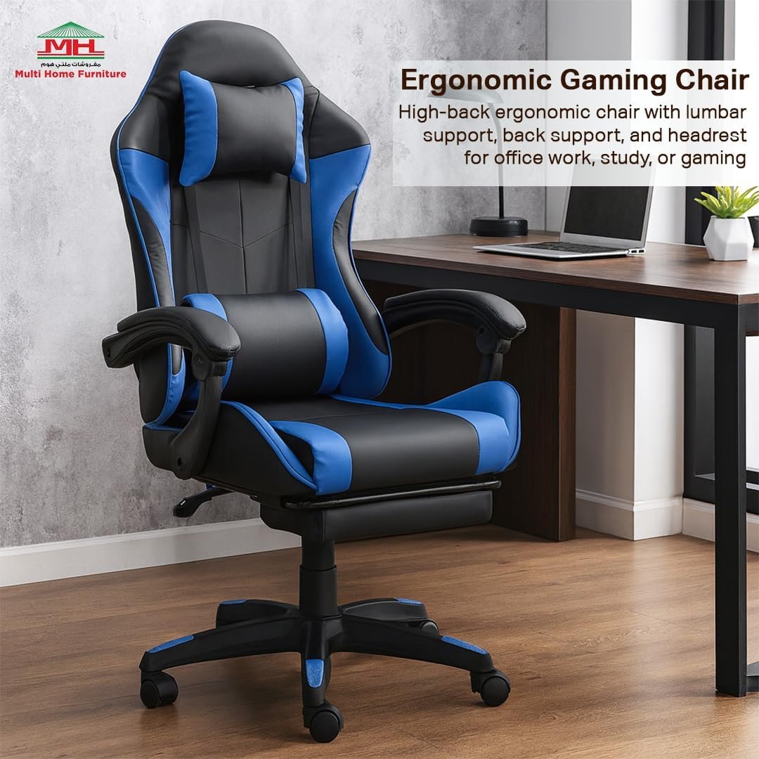 Multi Home Furniture Black & Blue Gaming Chair | Ergonomic Chair High-Back Recliner Chair with Adjustable Footrest & Armrest | Racing-Style Office Chair with Lumbar & Headrest Support for Gaming Setup - Image 3
