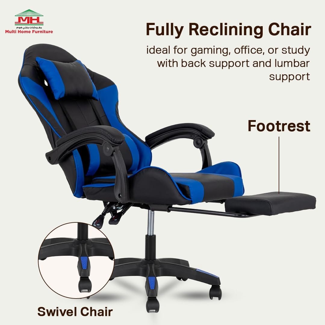 Multi Home Furniture Black & Blue Gaming Chair | Ergonomic Chair High-Back Recliner Chair with Adjustable Footrest & Armrest | Racing-Style Office Chair with Lumbar & Headrest Support for Gaming Setup - Image 5