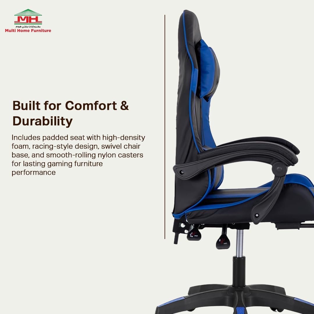 Multi Home Furniture Black & Blue Gaming Chair | Ergonomic Chair High-Back Recliner Chair with Adjustable Footrest & Armrest | Racing-Style Office Chair with Lumbar & Headrest Support for Gaming Setup - Image 6