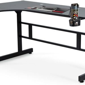 Multi Home Furniture Black L-Shaped Gaming Table with RGB Lighting, Carbon Fiber Texture, Cup Holder, Headphone Hook, Gaming Desk, Computer Table, Standing Desk, Office Desk for Gaming Setup