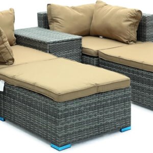 Multi Home Furniture Garden Lounge Set 5 Piece with Cushions Outdoor MH-LGHW5018 Patio Sofa Balcony Set Coffee Table Yard Lounge Bench Poly Rattan Grey & Cushion Golden