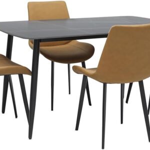 Multi Home Furniture Dining Table Set 4 Seater with Black Rectangular Marble Top Finish and Steel Legs, Brown PVC Leather Dining Chairs, Modern Dining Table Set for Dining Room and Living Space