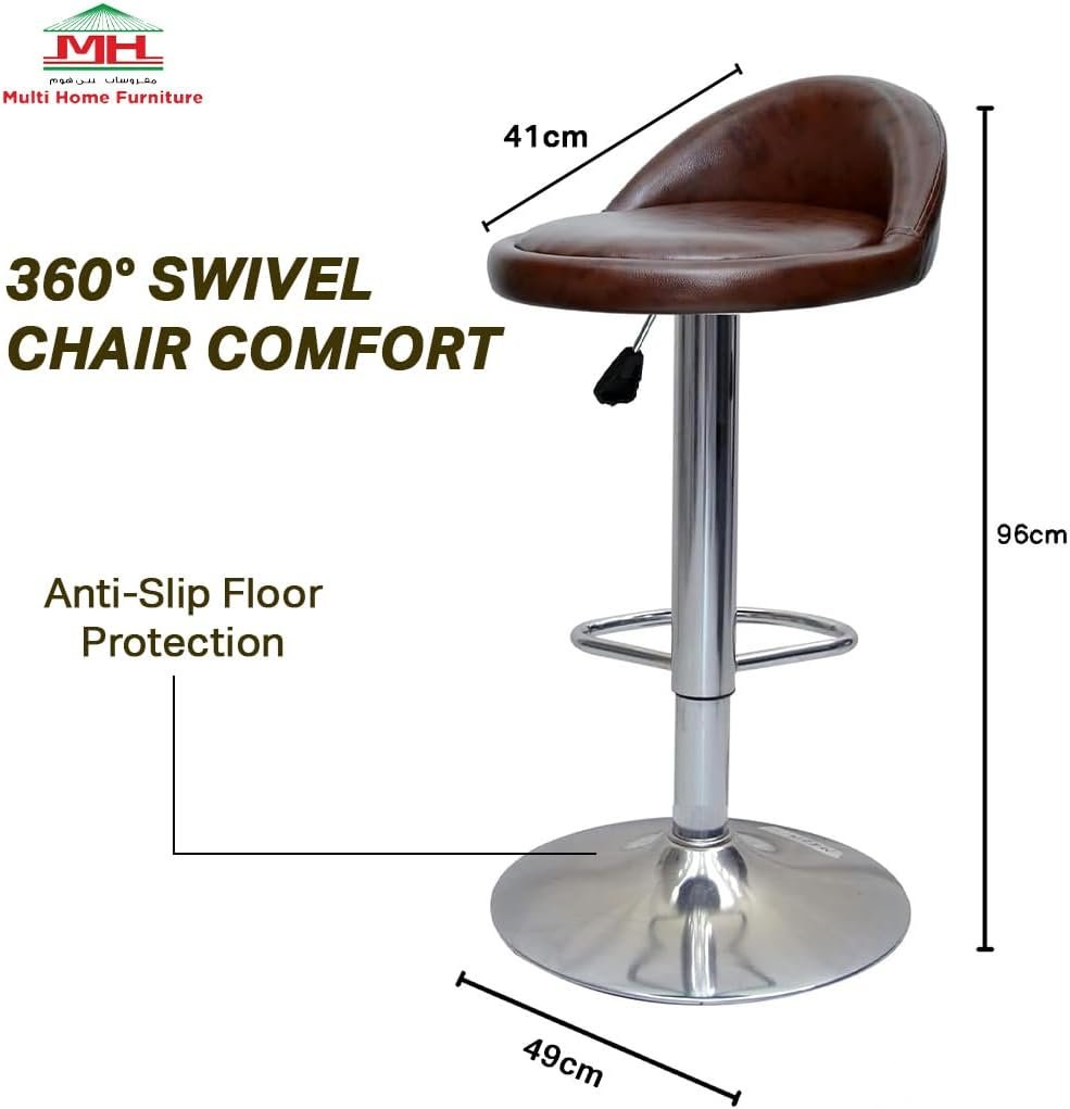 Multi Home Furniture Brown & Silver Bar Stool Chair with Steel Base | Adjustable Height Bar Chair | Faux Leather Bar Stool Chair for Kitchen Island, Bar, Counter, Restaurant, Tall Stool & Swivel Chair - Image 3