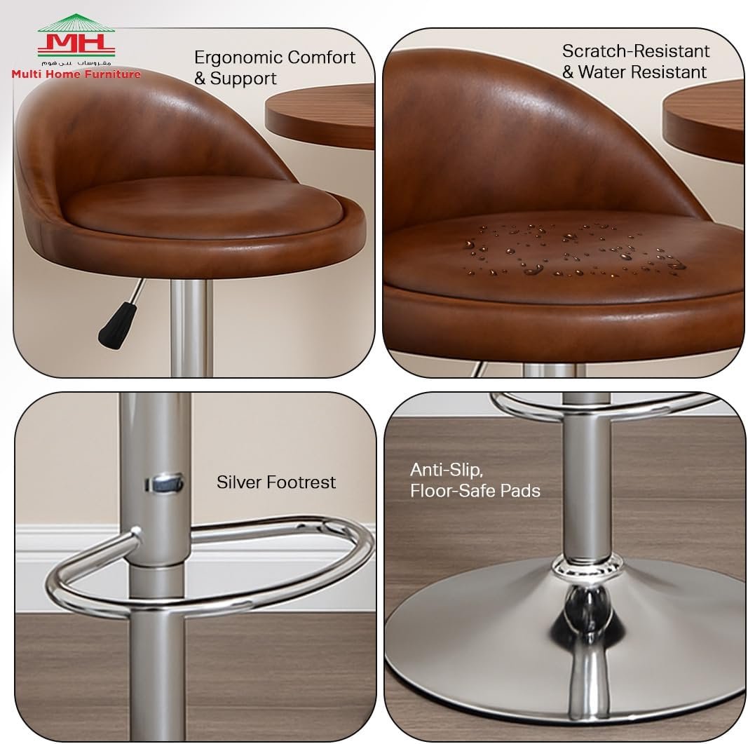 Multi Home Furniture Brown & Silver Bar Stool Chair with Steel Base | Adjustable Height Bar Chair | Faux Leather Bar Stool Chair for Kitchen Island, Bar, Counter, Restaurant, Tall Stool & Swivel Chair - Image 6