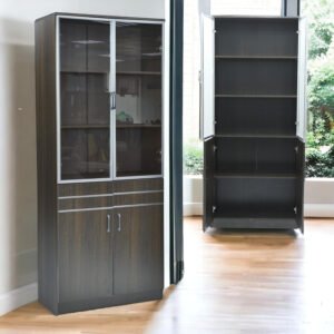Multi Home Furniture Executive Bookshelf MH-712-9 WALNUT COLOUR WITH MODERN DESIGN MADE WITH WOOD AND GLASS 2 DOOR BOOKSHELF