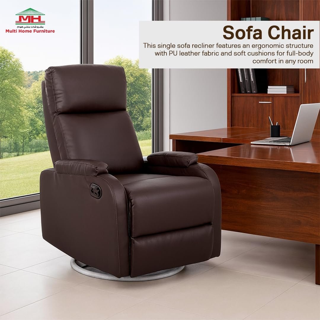 Multi Home Furniture Dark Brown Recliner Chair for Living Room – Modern Push Back Lazy Sofa Chair with 360° Swivel, Faux Leather Recliner Sofa, Single Sofa Seater Armchair Lounge Chair Sofa for Home - Image 3