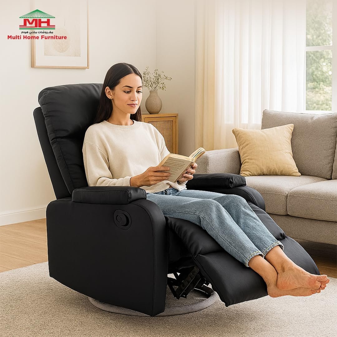 Multi Home Furniture Black Recliner Chair for Living Room – Modern Push Back Lazy Sofa Chair with 360° Swivel, Faux Leather Recliner Sofa, Single Sofa Seater Armchair Lounge Chair Sofa for Home - Image 2