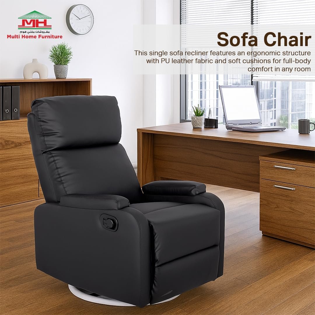 Multi Home Furniture Black Recliner Chair for Living Room – Modern Push Back Lazy Sofa Chair with 360° Swivel, Faux Leather Recliner Sofa, Single Sofa Seater Armchair Lounge Chair Sofa for Home - Image 3