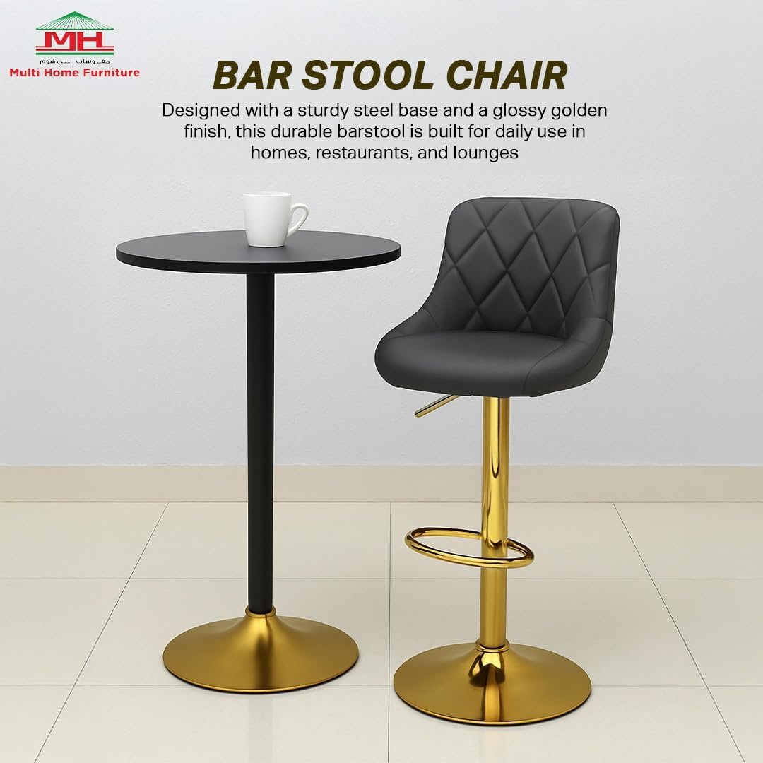 Multi Home Furniture Black & Golden Bar Stool Chair with Steel Base | Adjustable Height Bar Chair | PU Leather Bar Stool Chair for Kitchen Island, Bar, Counter, Restaurant, Tall Stool & Swivel Chair - Image 3