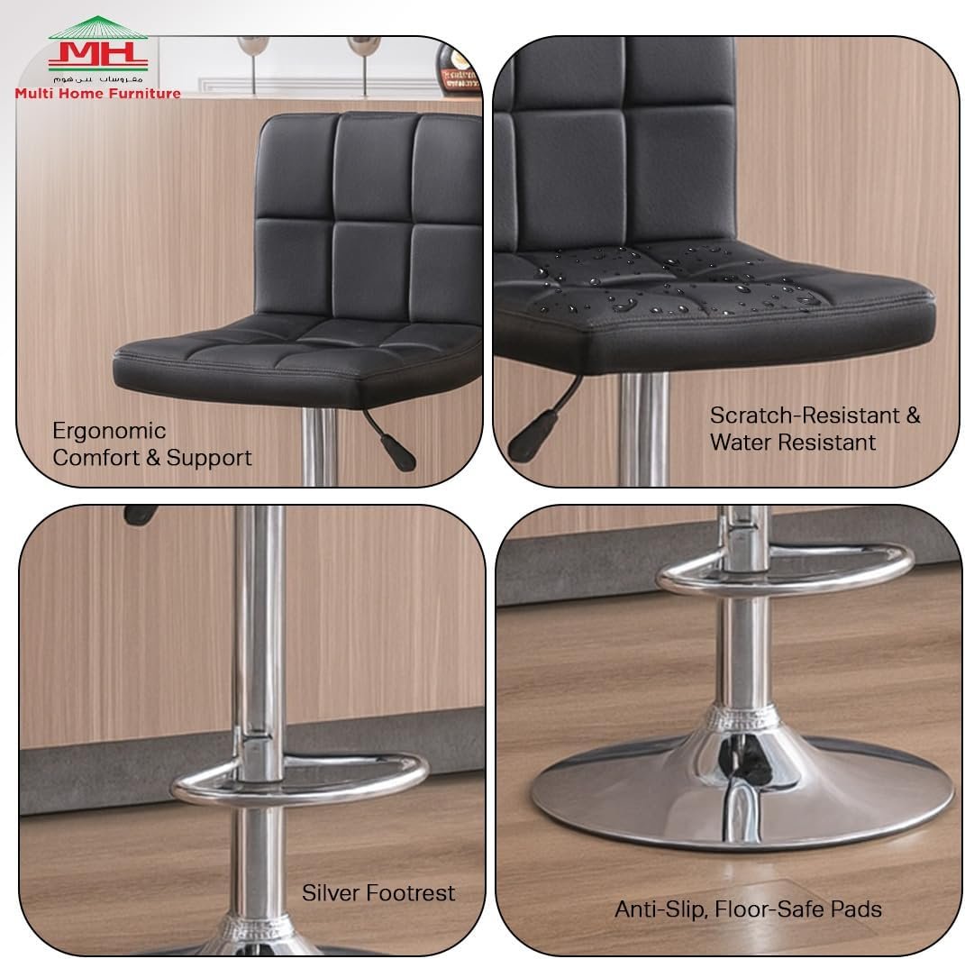 Multi Home Furniture Black & Silver Bar Stool Chair with Steel Base | Adjustable Height Bar Chair | Faux Leather Tall Stool Chair for Kitchen Island, Bar Counter, Restaurant, Swivel Chair & High Chair - Image 6