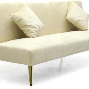 Multi Home Furniture Beige Sofa Cum Bed – Sofa Bed 3 Seater Sofa Velvet Foldable Bed with Golden Legs – Soft PU Convertible Folding Bed for Living Room Furniture, Studio, Guest Room or Small Spaces